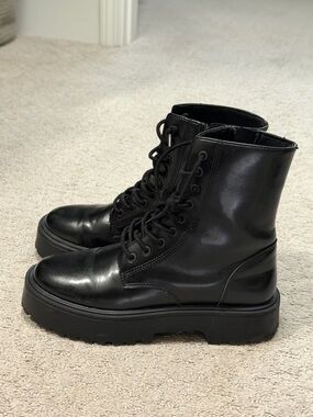 Girls Black Lace-Up Combat Boots